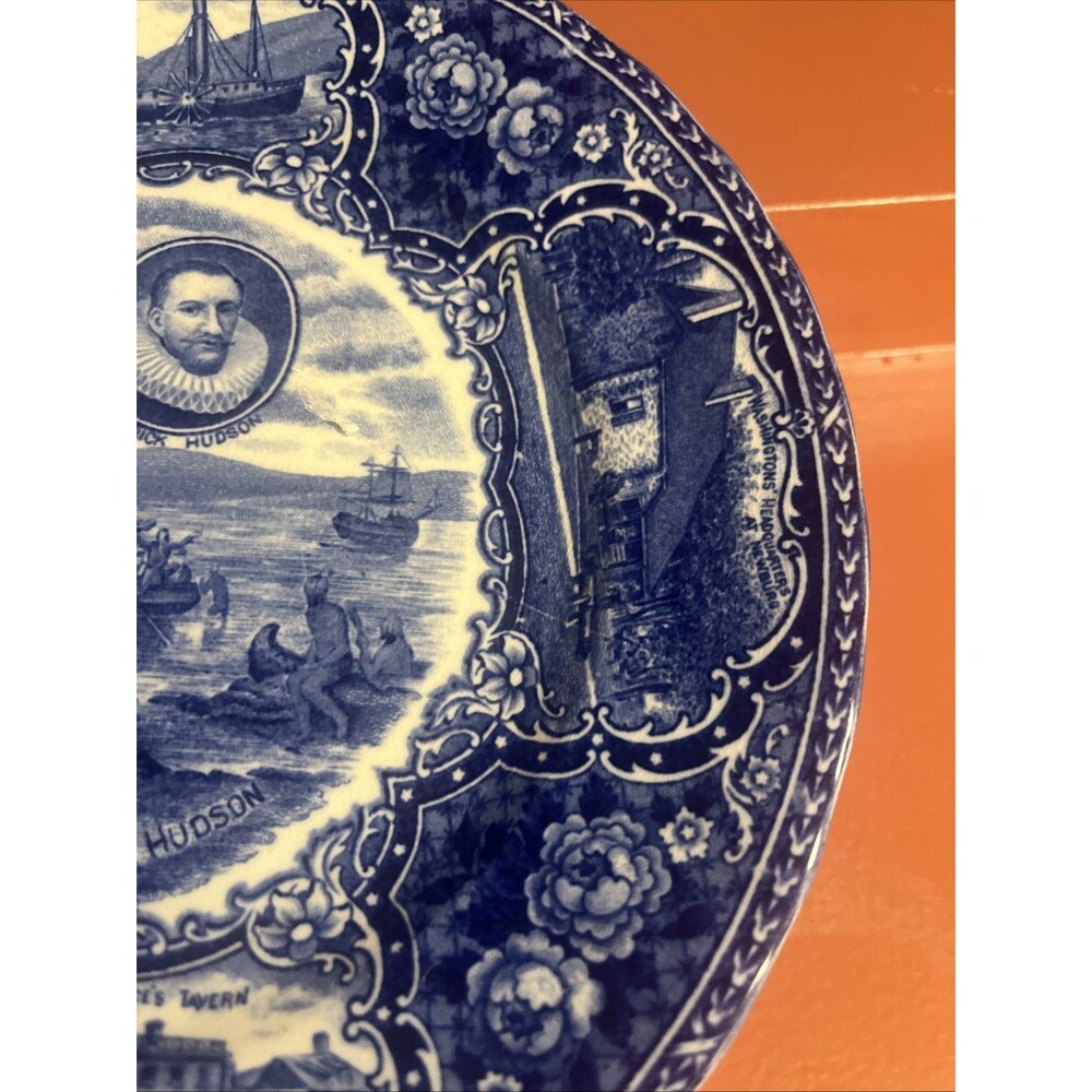 Staffordshire England Flow Blue Plate Landing Hendrick Hudson No 5 Ye Olde - Picture 5 of 7